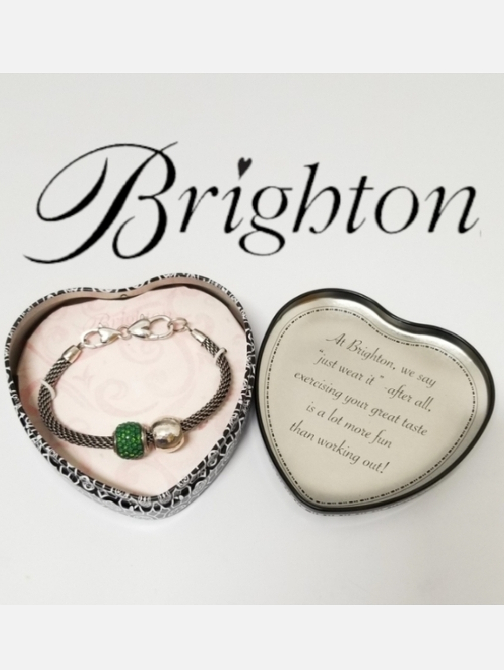 Brighton Hammered Silver Bead & Green Crystal Bead Charm Bracelet Signature Tin
